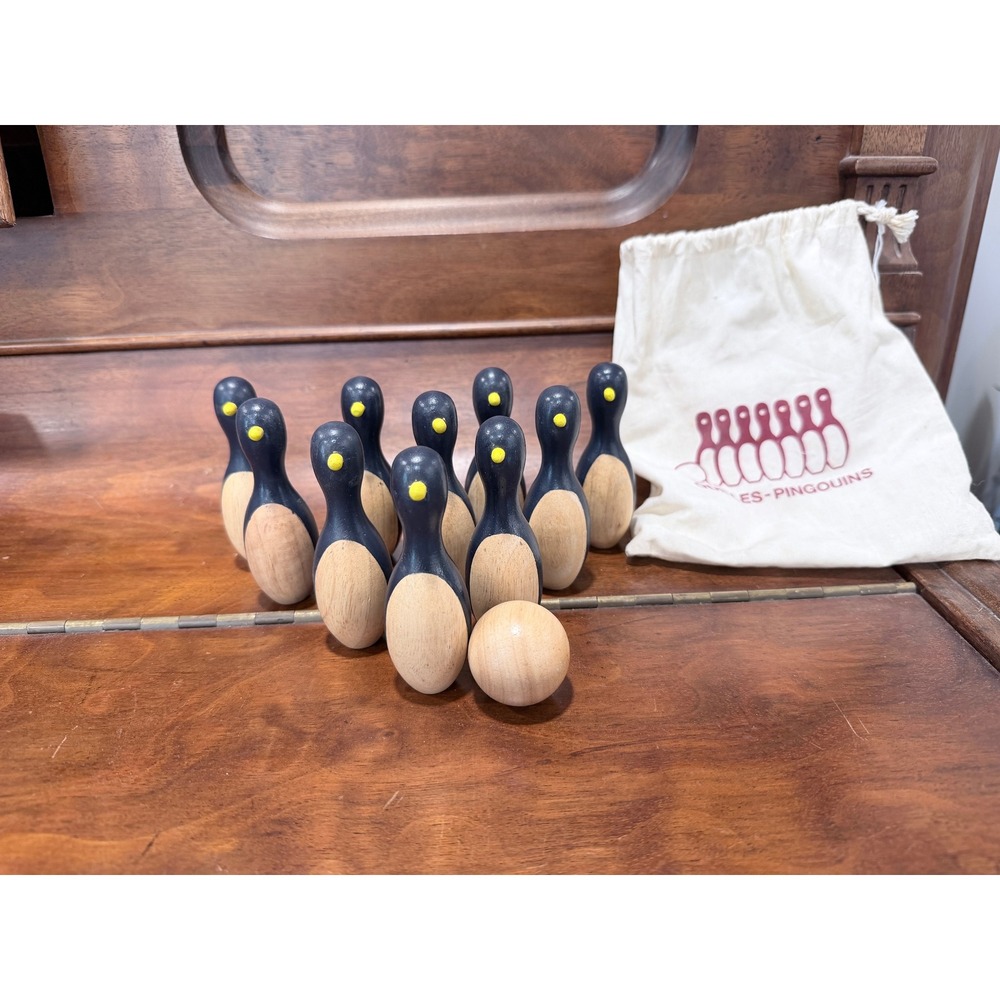 Vintage Wooden Penguin Skittles Bowling Set 10 Pins Ball and Storage Bag